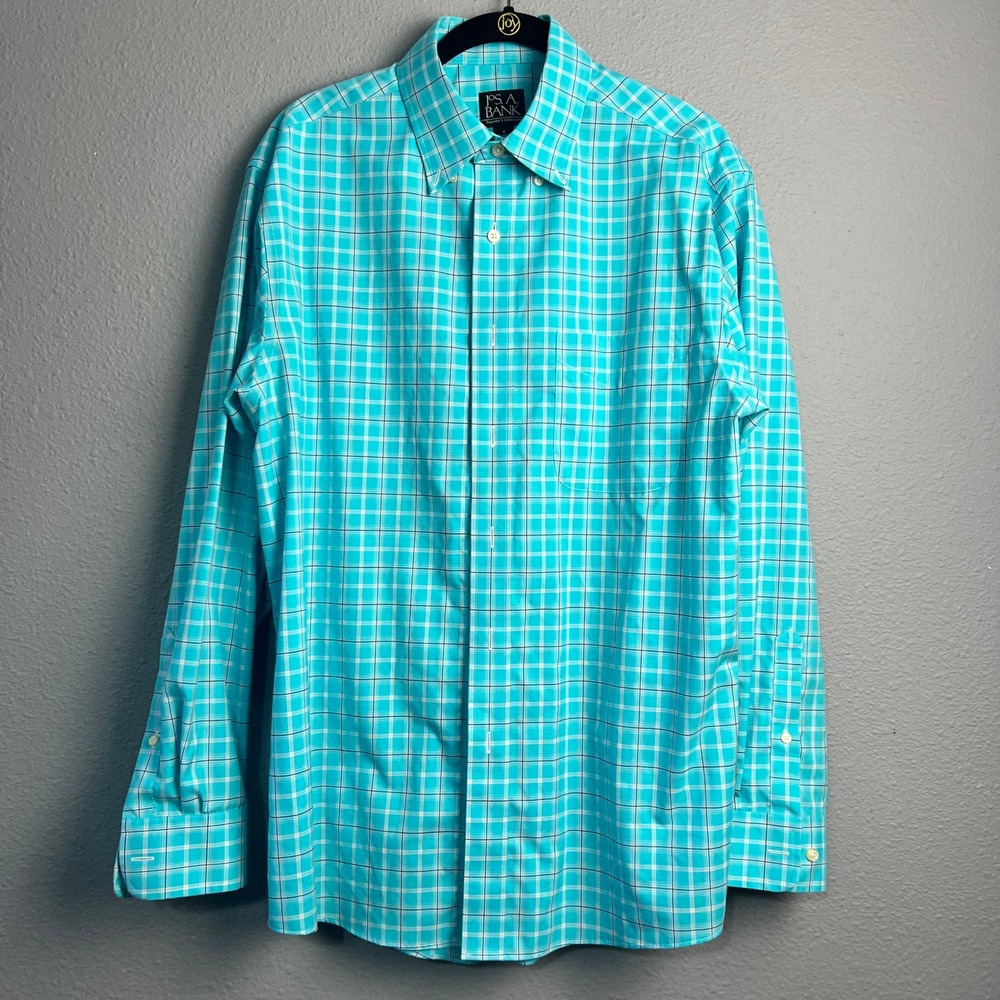 Jos. A. Bank Travelers Collection Mens Medium Turquoise Plaid Button Down Shirt